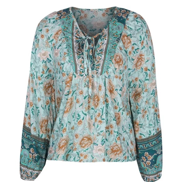 Turquoise Floral Bohemian Peasant Blouse - Picture 6 of 6
